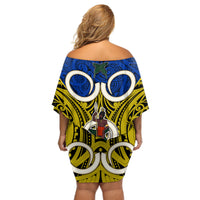 Vanuatu Torba Province Off Shoulder Short Dress Pig Tusk Mix Maori Pattern and Namele Leaf LT03 - Polynesian Pride