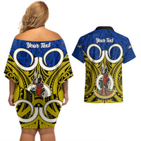 Personalised Vanuatu Torba Province Couples Matching Off Shoulder Short Dress and Hawaiian Shirt Pig Tusk Mix Maori Pattern and Namele Leaf LT03 - Polynesian Pride