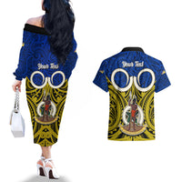 Personalised Vanuatu Torba Province Couples Matching Off The Shoulder Long Sleeve Dress and Hawaiian Shirt Pig Tusk Mix Maori Pattern and Namele Leaf LT03 - Polynesian Pride