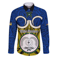 Personalised Vanuatu Torba Province Family Matching Puletasi Dress and Hawaiian Shirt Pig Tusk Mix Maori Pattern and Namele Leaf LT03 Dad's Shirt - Long Sleeve Blue - Polynesian Pride