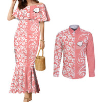 Custom Hawaii Kauai Island Couples Matching Mermaid Dress and Long Sleeve Button Shirts Hibiscus Pattern Seamless Tribal Simple Pink Pastel LT03 Pink - Polynesian Pride