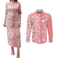 Custom Hawaii Kauai Island Couples Matching Puletasi Dress and Long Sleeve Button Shirts Hibiscus Pattern Seamless Tribal Simple Pink Pastel LT03 Pink - Polynesian Pride