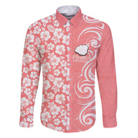 Custom Hawaii Kauai Island Family Matching Puletasi Dress and Hawaiian Shirt Hibiscus Pattern Seamless Tribal Simple Pink Pastel LT03 Dad's Shirt - Long Sleeve Pink - Polynesian Pride
