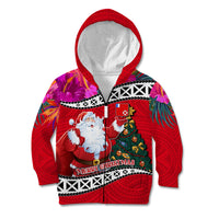 Wallis and Futuna Christmas Kid Hoodie Santa Claus Holding Coat of Arms Polynesian Xmas Style LT03 Zip Hoodie Red - Polynesian Pride