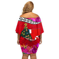 Wallis and Futuna Christmas Off Shoulder Short Dress Santa Claus Holding Coat of Arms Polynesian Xmas Style LT03 - Polynesian Pride