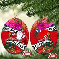 Custom Wallis and Futuna Christmas Ceramic Ornament Santa Claus Holding Coat of Arms Polynesian Xmas Style LT03 Oval Red - Polynesian Pride