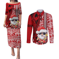Mele Kalikimaka Hawaii Christmas Couples Matching Puletasi Dress and Long Sleeve Button Shirt Santa Claus Kakau Tribal Mix Polynesia Tattoo LT03 Red - Polynesian Pride