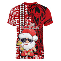 Mele Kalikimaka Hawaii Christmas Women V Neck T Shirt Santa Claus Kakau Tribal Mix Polynesia Tattoo LT03 - Polynesian Pride