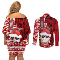 Custom Mele Kalikimaka Hawaii Christmas Couples Matching Off Shoulder Short Dress and Long Sleeve Button Shirt Santa Claus Kakau Tribal Mix Polynesia Tattoo LT03 - Polynesian Pride