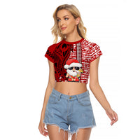 Custom Mele Kalikimaka Hawaii Christmas Raglan Cropped T Shirt Santa Claus Kakau Tribal Mix Polynesia Tattoo LT03 Female Red - Polynesian Pride