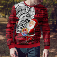 Custom French Polynesia Christmas Ugly Christmas Sweater Santa Hold Seal with Polynesian Tribal Tattoo LT03 - Polynesian Pride