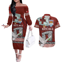 Mate Ma'a Tonga Couples Matching Off The Shoulder Long Sleeve Dress and Hawaiian Shirt Haamonga a Maui and White Dove - Tongan Kupesi Ngatu LT03 Red - Polynesian Pride