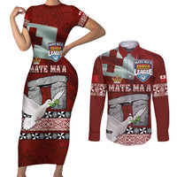 Mate Ma'a Tonga Couples Matching Short Sleeve Bodycon Dress and Long Sleeve Button Shirt Haamonga a Maui and White Dove - Tongan Kupesi Ngatu LT03 Red - Polynesian Pride