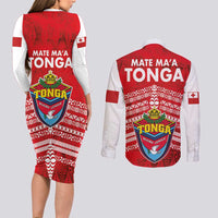 Mate Ma'a Tonga Couples Matching Long Sleeve Bodycon Dress and Long Sleeve Button Shirt Double White Dove and Kupesi Ngatu Art Tattoo LT03 - Polynesian Pride
