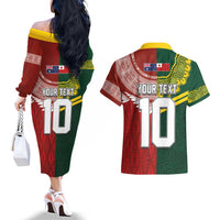 Custom Mate Ma'a Tonga and Australia Kangaroo Couples Matching Off The Shoulder Long Sleeve Dress and Hawaiian Shirt Nation Seal with Mascot Aboriginal and Tongan Kupesi Ngatu Art LT03 - Polynesian Pride