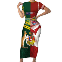 Custom Mate Ma'a Tonga and Australia Kangaroo Family Matching Short Sleeve Bodycon Dress and Hawaiian Shirt Nation Seal with Mascot Aboriginal and Tongan Kupesi Ngatu Art LT03 Mom's Dress Red - Polynesian Pride