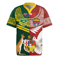 Custom Mate Ma'a Tonga and Australia Kangaroo Rugby Jersey Nation Seal with Mascot Aboriginal and Tongan Kupesi Ngatu Art