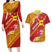 Rotuma Island Couples Matching Long Sleeve Bodycon Dress and Hawaiian Shirt Fijian Tapa with Polynesian Art and Hibiscus