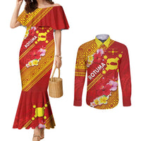 Rotuma Island Couples Matching Mermaid Dress and Long Sleeve Button Shirt Fijian Tapa with Polynesian Art and Hibiscus