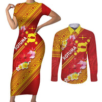 Rotuma Island Couples Matching Short Sleeve Bodycon Dress and Long Sleeve Button Shirt Fijian Tapa with Polynesian Art and Hibiscus