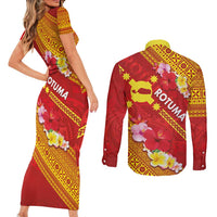 Rotuma Island Couples Matching Short Sleeve Bodycon Dress and Long Sleeve Button Shirt Fijian Tapa with Polynesian Art and Hibiscus