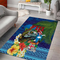 Fiji Iguana-Coat of Arms Area Rug with Hibiscus and Plumeria Palm Tree Tapa Art
