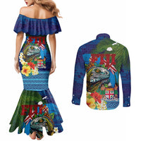 Fiji Iguana-Coat of Arms Couples Matching Mermaid Dress and Long Sleeve Button Shirt with Hibiscus and Plumeria Palm Tree Tapa Art