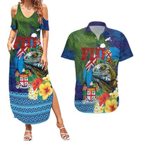 Fiji Iguana-Coat of Arms Couples Matching Summer Maxi Dress and Hawaiian Shirt with Hibiscus and Plumeria Palm Tree Tapa Art