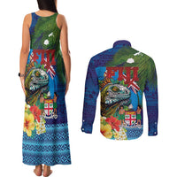 Fiji Iguana-Coat of Arms Couples Matching Tank Maxi Dress and Long Sleeve Button Shirt with Hibiscus and Plumeria Palm Tree Tapa Art