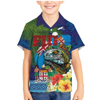 Fiji Iguana-Coat of Arms Family Matching Mermaid Dress and Hawaiian Shirt with Hibiscus and Plumeria Palm Tree Tapa Art