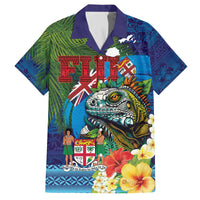 Fiji Iguana-Coat of Arms Family Matching Off The Shoulder Long Sleeve Dress and Hawaiian Shirt with Hibiscus and Plumeria Palm Tree Tapa Art
