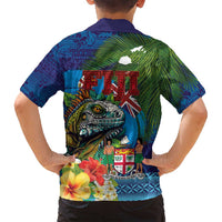 Fiji Iguana-Coat of Arms Family Matching Tank Maxi Dress and Hawaiian Shirt with Hibiscus and Plumeria Palm Tree Tapa Art