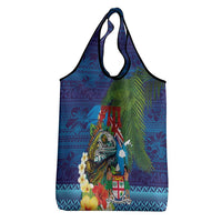 Fiji Iguana-Coat of Arms Grocery Bag with Hibiscus and Plumeria Palm Tree Tapa Art