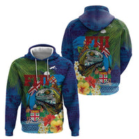 Fiji Iguana-Coat of Arms Hoodie with Hibiscus and Plumeria Palm Tree Tapa Art