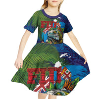 Fiji Iguana-Coat of Arms Kid Short Sleeve Dress with Hibiscus and Plumeria Palm Tree Tapa Art