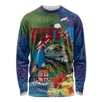 Fiji Iguana-Coat of Arms Long Sleeve Shirt with Hibiscus and Plumeria Palm Tree Tapa Art LT03 Unisex Blue - Polynesian Pride