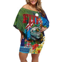 Fiji Iguana-Coat of Arms Off Shoulder Short Dress with Hibiscus and Plumeria Palm Tree Tapa Art
