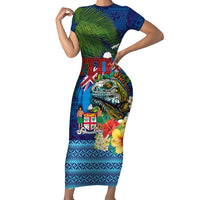 Fiji Iguana-Coat of Arms Short Sleeve Bodycon Dress with Hibiscus and Plumeria Palm Tree Tapa Art LT03 Long Dress Blue - Polynesian Pride