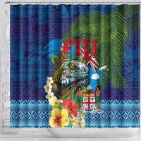 Fiji Iguana-Coat of Arms Shower Curtain with Hibiscus and Plumeria Palm Tree Tapa Art