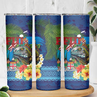 Fiji Iguana-Coat of Arms Skinny Tumbler with Hibiscus and Plumeria Palm Tree Tapa Art LT03 - Polynesian Pride