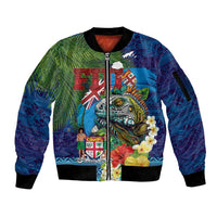 Fiji Iguana-Coat of Arms Sleeve Zip Bomber Jacket with Hibiscus and Plumeria Palm Tree Tapa Art
