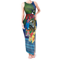 Fiji Iguana-Coat of Arms Tank Maxi Dress with Hibiscus and Plumeria Palm Tree Tapa Art