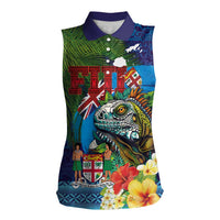 Fiji Iguana-Coat of Arms Women Sleeveless Polo Shirt with Hibiscus and Plumeria Palm Tree Tapa Art