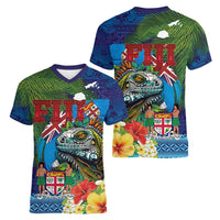 Fiji Iguana-Coat of Arms Women V-Neck T-Shirt with Hibiscus and Plumeria Palm Tree Tapa Art