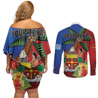 Personalised Fiji and Rotuma Together Couples Matching Off Shoulder Short Dress and Long Sleeve Button Shirt Fjian Masi and Pacific Pattern Mix Culture