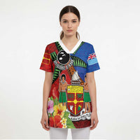 Personalised Fiji and Rotuma Together Scrub Top Fjian Masi and Pacific Pattern Mix Culture - Polynesian Pride