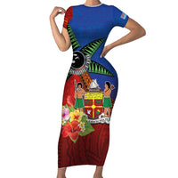 Personalised Fiji and Rotuma Together Short Sleeve Bodycon Dress Fjian Masi and Pacific Pattern Mix Culture LT03 Long Dress Red - Polynesian Pride