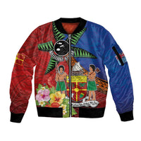 Personalised Fiji and Rotuma Together Sleeve Zip Bomber Jacket Fjian Masi and Pacific Pattern Mix Culture