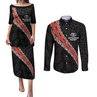 Custom New Zealand Rugby Couples Matching Puletasi and Long Sleeve Button Shirt Maori and Silver Fern Half Style LT03 Black - Polynesian Pride