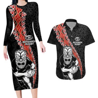 New Zealand Maori Warrior Rugby Couples Matching Long Sleeve Bodycon Dress and Hawaiian Shirt Maori and Silver Fern Half Style